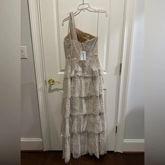 Marchesa One-Shoulder Cream Tiered Dress